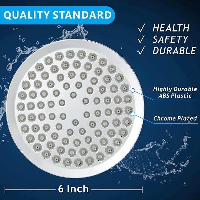 Voolan High Pressure Rain Shower Head, 6" Pressure-Boosting, Ideal for Replacement Fixed Bathroom Showerheads, Easy to Install, Renter-Friendly (Chrome)