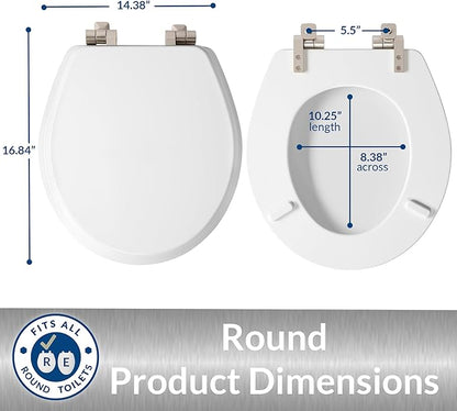 Mayfair Bennett Toilet Seat with Brushed Nickel Hinges, Slow Close Wood Seat, Secure Metal Hinges, Easy Install, Made in USA, Round, White