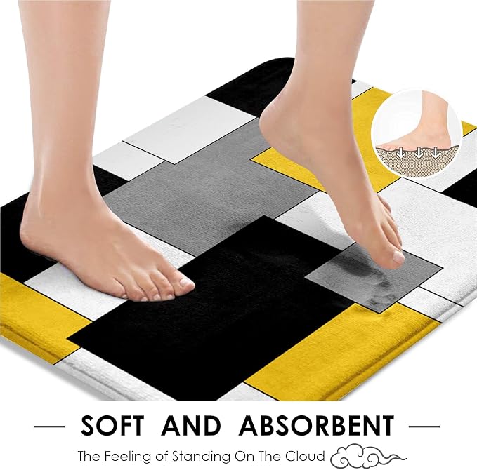 Bathroom Sets with Shower Curtain and Rugs 4 Pcs, Geometric Yellow | Checkered Abstract Modern Art Bathroom Decor Set with Toilet Lid Cover, Non-Slip Bath Mats and Accessories 12 Hooks