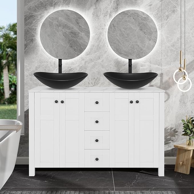 48" White Bathroom Vanity with Marble Texture Top and 4 Drawers, Modern Standing Pedestal Cabinet with Two Black Boat Ceramic Vessel Sinks