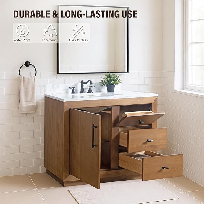 HOMEBEYOND 42" Bathroom Vanity with Single Sink & Ceramic Top, MDF Material Vanity Cabinet with Basin Combo, Soft-Closing Doors, Removable Shelf, Backsplash,Tan