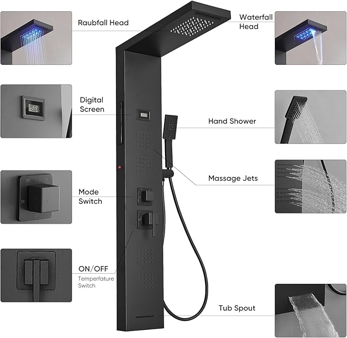 Shower Panel Tower System 5 in 1 Stainless Steel Rainfall Shower Panels with 5-Functions, 4 Enlarged Body Massage Jets, Handheld Head, Wall Mounted Matte Black