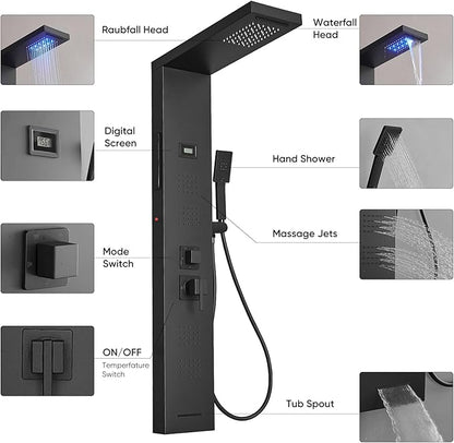 Shower Panel Tower System 5 in 1 Stainless Steel Rainfall Shower Panels with 5-Functions, 4 Enlarged Body Massage Jets, Handheld Head, Wall Mounted Matte Black