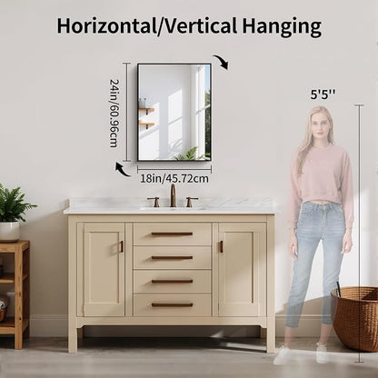 YIROMAN Bathroom Mirror 18"x24", Black Bathroom Mirrors for Over Sink with Aluminum Frame, Rectangular Vanity Mirror with Right Angle, Wall Mirror for Oversink, Vanity, Bedroom, Living Room
