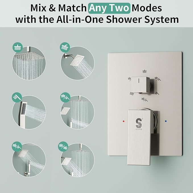Shower Faucet Set Shower System - SR SUN RISE Brushed Nickel Shower Trim Kit with Dual Shower Head, 10'' Ceiling Rainfall 6'' Wall Mount with Handheld Shower for Couples, Complete 6 Diverter Valve