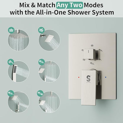 Shower Faucet Set Shower System - SR SUN RISE Brushed Nickel Shower Trim Kit with Dual Shower Head, 10'' Ceiling Rainfall 6'' Wall Mount with Handheld Shower for Couples, Complete 6 Diverter Valve