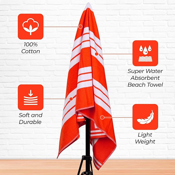 Superior Oversized Cotton Beach Towel Set of 2, Absorbent Towels for Bathroom, Beach, Pool, Swim, Adults, Kids, Vacation, Travel, Bath Sheet, Quick Dry Basics, Trip Essentials, Striped Decor, Coral