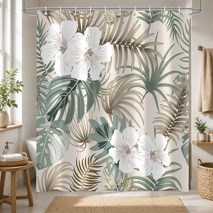 Tropical Shower Curtain for Bathroom, Green Palm Tree Flower Plant Boho Leaf Banana Monstera Sage Beige Shower Curtains Set, Fabric Bathroom Accessories with Hooks 60x72 Inch