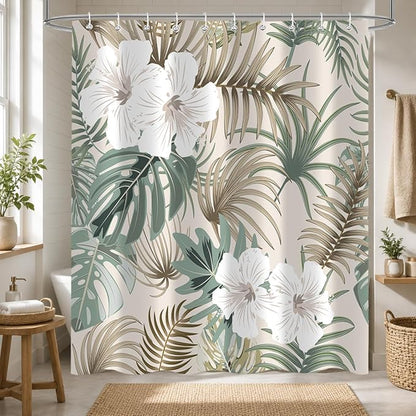 Tropical Shower Curtain for Bathroom, Green Palm Tree Flower Plant Boho Leaf Banana Monstera Sage Beige Shower Curtains Set, Fabric Bathroom Accessories with Hooks 72x84 Inch