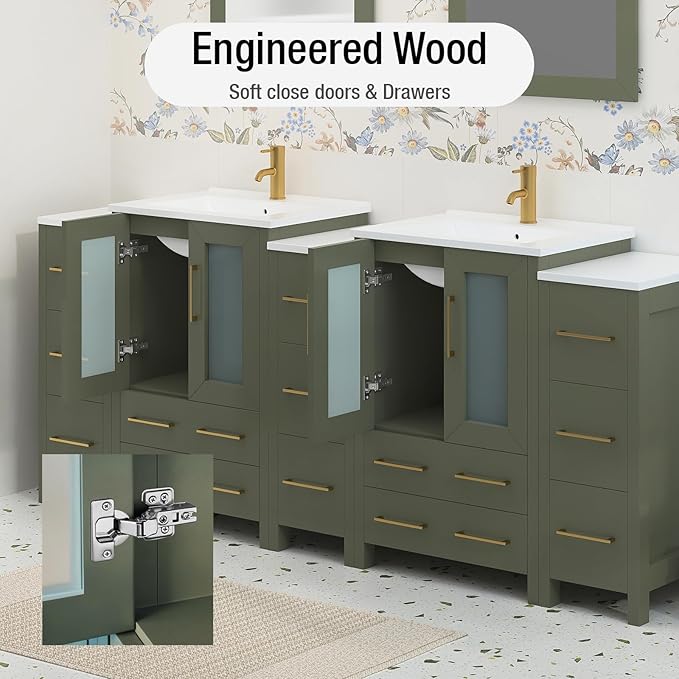 HOMEBEYOND 84 Inch Modern Bathroom Vanity with Sink & Mirror, Double Sink Vanity Cabinet with Basin and Mirror, Dove-Tailed Drawers, Soft-Closing Doors, Wood, Vintage Green