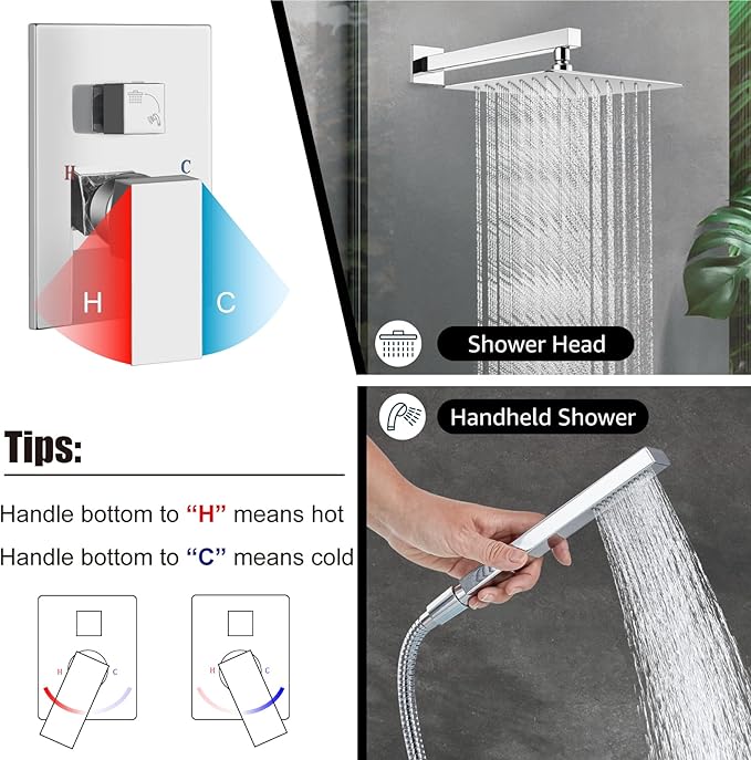 Midanya Shower Faucet Set,Wall Mount Shower System with Square Rain Shower Head and Hand Sprayer, Rough-in Valve Body and Trim Kit Included,12 Inch,Polish Chrome
