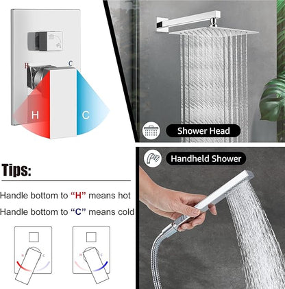 Midanya Shower Faucet Set,Wall Mount Shower System with Square Rain Shower Head and Hand Sprayer, Rough-in Valve Body and Trim Kit Included,12 Inch,Polish Chrome