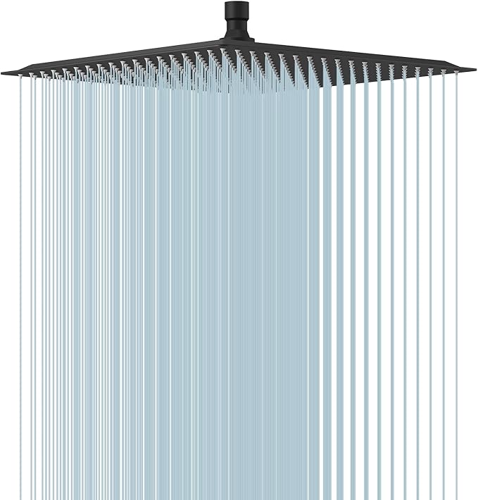 16 In Rain Shower Head High Pressure Rainfall Shower Head Matte Black | Square Rain Bathroom Showerhead, High Flow, Large Stainless Steel, Ceiling Mounted, Wall Mounted, Waterfall Full Body