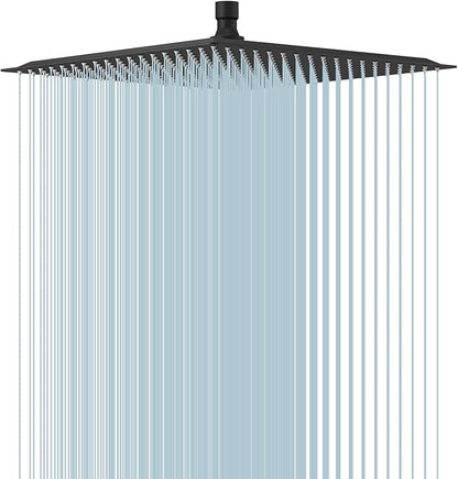 16 In Rain Shower Head High Pressure Rainfall Shower Head Matte Black | Square Rain Bathroom Showerhead, High Flow, Large Stainless Steel, Ceiling Mounted, Wall Mounted, Waterfall Full Body