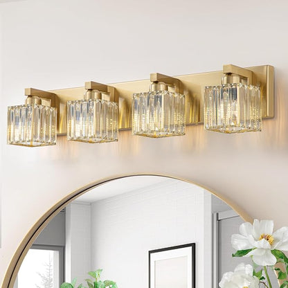 Gold Crystal Bathroom Vanity Lights, 4 Lights Bathroom Lighting Fixtures Over Mirror Modern Gold Crystal Bath Wall Light with Square Shade