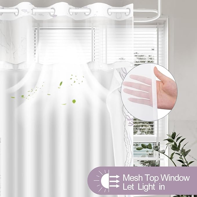 No Hook Shower Curtain and Liner Set, Purple Beach Coastal 71x84 | Nautical Ocean for Bathroom, with Snap in Liner Replacement, Mesh Top Window, Waterproof, Machine Washable, Quick-Drying