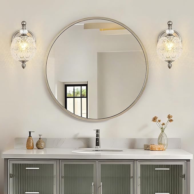1 Piece Brushed Nickel Wall Sconce, 1-Light Mid Century Modern Brushed Nickel Finish Wall Sconce with Globe Glass Shade, Modern Light for Bathroom, Bedroom, Living Room,Powder Room