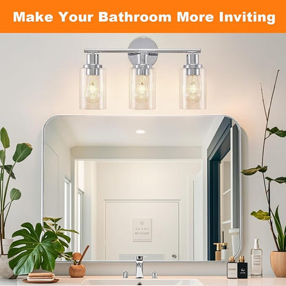 DLLT 3-Light Bathroom Light Fixtures: Chrome Modern Vanity Lights with 3 E26 Bulbs - Clear Glass Shade Bathroom Wall Lamp for Mirror Kitchen Living Room Hallway Cabinet Porch