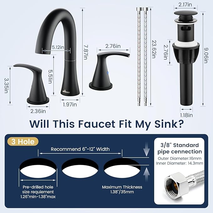 APPASO Black Bathroom Faucets 3 Hole, Matte Black Bathroom Sink Faucet with Supply Lines & Pop Up Drain, SUS304 Stainless Steel 8 Inch Widespread Bathroom Faucet for Vanity RV Farmhouse Sink