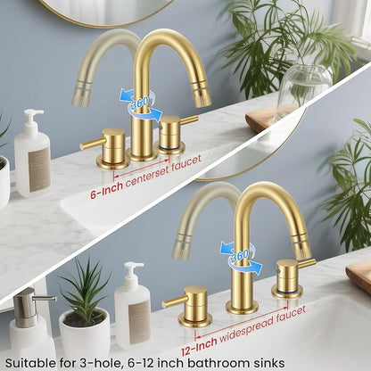 Brushed Gold Bathroom Faucet 3 Hole with Pull Out Sprayer, 8 inch Widespread Bathroom Faucets with Pop Up Drain, Bathroom Sink Faucet with 360° Swivel Spout, 2 Handle Vanity Faucet