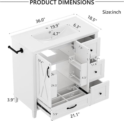 Bellemave 36" Bathroom Vanity with Sink, Bathroom vanities, Grey Bathroom Vanity with Drawers, Sink Cabinet, White, 36"