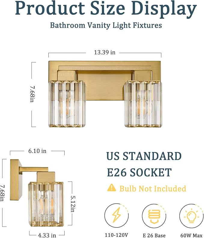 Brushed Gold Bathroom Light Fixtures, 2-Light Vanity Light Over Mirror | Wall Sconces with Square Crystal Shades, E26 Socket, Modern Vanity Lights for Bathroom (Bulbs Not Included)