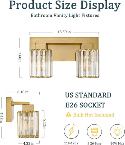 Brushed Gold Bathroom Light Fixtures, 2-Light Vanity Light Over Mirror | Wall Sconces with Square Crystal Shades, E26 Socket, Modern Vanity Lights for Bathroom (Bulbs Not Included)