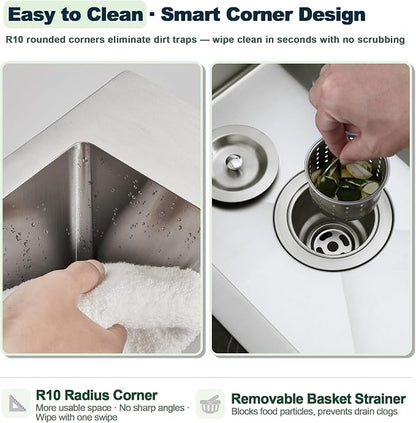 Kitchen Sink, 22 x 18 Inch Drop in Sink, 304 Stainless Steel | Centre-Offset Drain, 9" Deep Single Bowl, Topmount Installation, Brushed(Inclued Drain Strainer & Bottom Grid)