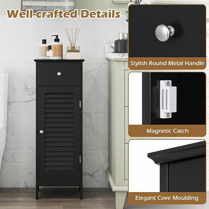 GIANTEX Bathroom Floor Storage Cabinet with Door and Drawer, Black | Freestanding Side Cabinet with 3-Height Adjustable Shelf, Slim Cupboard, Storage Organizer Cabinet for Bedroom Living Room