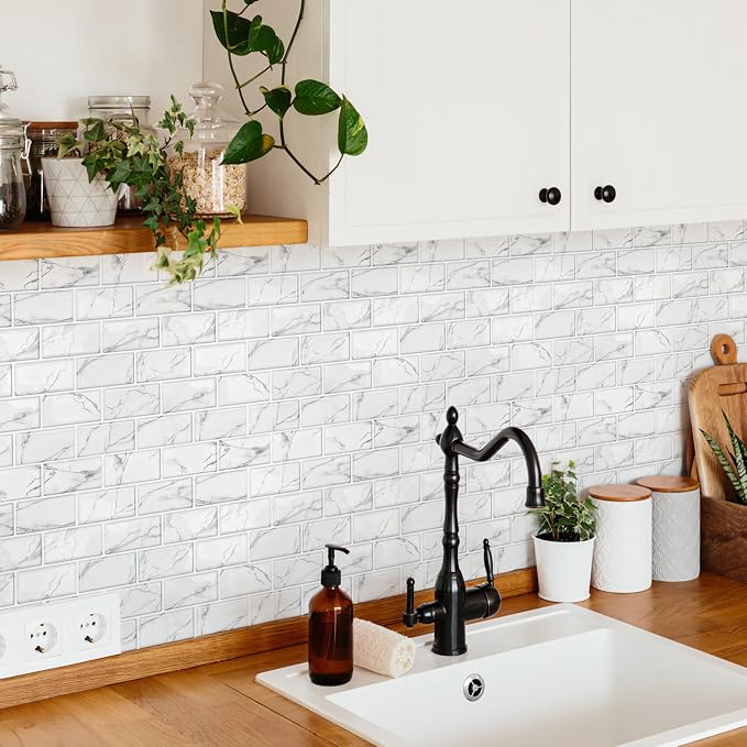 10 Sheets Thicker Design Peel and Stick Backsplash, 12"x12" Peel and Stick Wall Tiles, Subway Look Marble Tiles Backsplash for Kitchen and Bathroom, Calacatta White