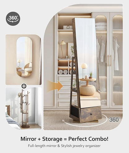 Nicetree 360° Swivel Jewelry Cabinet, Full Length Mirror, Lockable | Rotatable Jewelry Armoire Organizer, Standing Mirror with Storage, 3 Rear Shelves + Bottom Drawer, Gift Idea, Rustic Brown