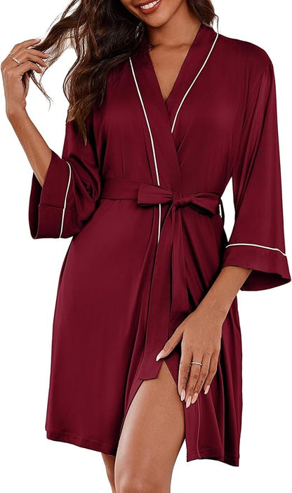 Ekouaer Women Kimono Robes Knee Length Knit Bathrobe Lightweight Soft Sleepwear V-neck Casual Ladies Loungewear