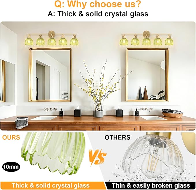 Bathroom Light Fixtures, 5-Light Brushed Gold Vanity Lights for Bathroom with Green Tulip Glass Shade, 30" Vintage Bathroom Vanity Lighting Fixtures Over Mirror for Bedroom Living Room Hallway