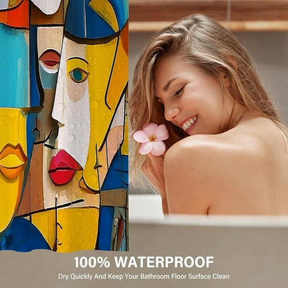 Colorful Modern Abstract Face Art Geometric Shower Curtain Set 72x72 Inches | Colorful Modern Abstract Face Geometric Art Print, Artistic Home Guest Housewarming Art Lover Bathroom Decor, With Hooks
