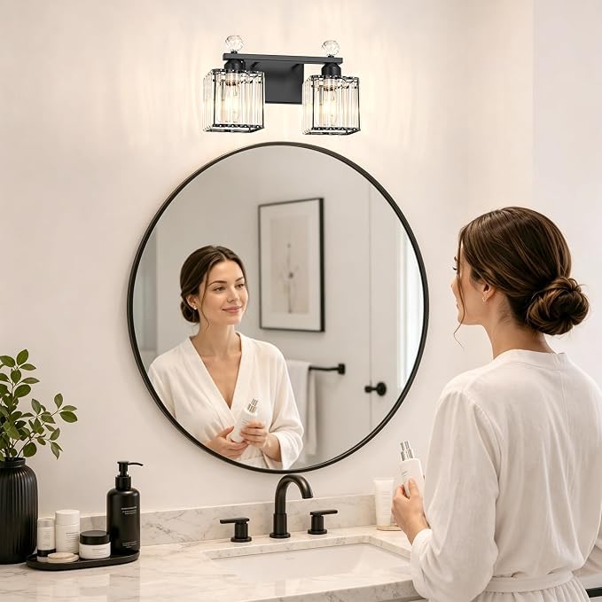Lxybcce Modern 14In 2-Lights Bathroom Vanity Light, Crystal Bathroom Light Fixtures, Black Vanity Light Fixtures Over Mirror, Easy Installation & Shadow-Free Illumination for Bathroom Mirror Decor