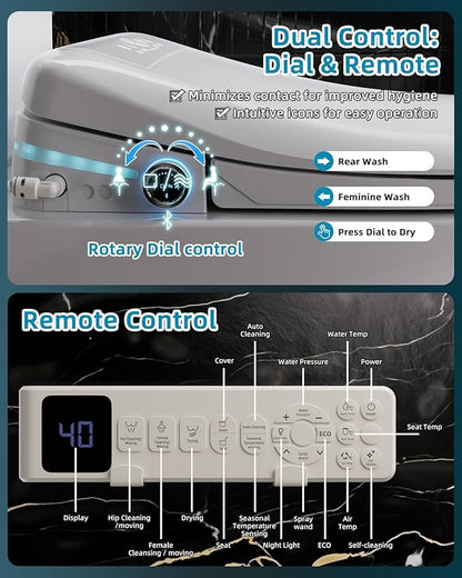 Sanyipace Bidet Toilet Seat, Elongated Electric Smart Heated Toilet Seat with Warm Water & Dryer, Self-Clean Nozzle, Night Light, Soft-Close Automatic Lid, Aromatherapy Function (White LED)