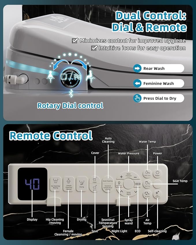 Sanyipace Smart Toilet Seat, Elongated Heated Toilet Seat with Bidet, Warm Water & Air Dryer, Multi-Color Night Light, Electronic Bidet with Soft-Close Automatic Lid, Aromatherapy Function