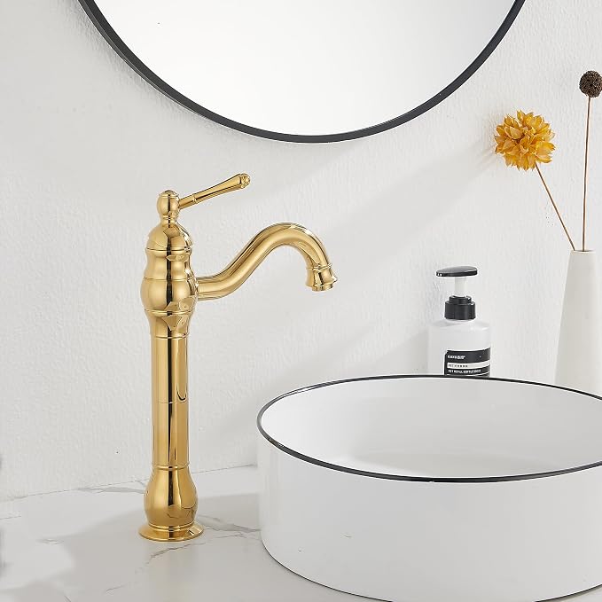 Single Handle Bathroom Vessel Sink Faucet, Polished Gold | 360° Swivel, Single-Handle One Hole, Matching Pop Up Drain, Farmhouse Style