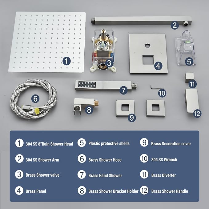 Shower Faucet Set Brushed Nickel Shower System with 12 Inches Rain Shower Head and Handheld Sprayer Wall Mounted Shower Fixture Set with Brass Shower Valve