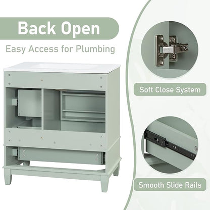 Merax Bathroom Vanity with Ceramic Sink 30 Inch, Cabinet with One Door and Three Drawers, Soft-Closing Door, Solid Wood Legs, Green