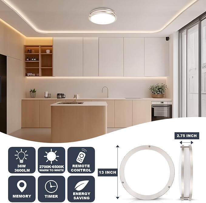 13.01inch LED Flush Mount Ceiling Light Fixture Remote Dimmable Matte Black, Easy Install LED Ceiling Lamp Without Flicker, Super Bright 36W 3600LM Warm to White Light 2700K to 6500K 2-Pack