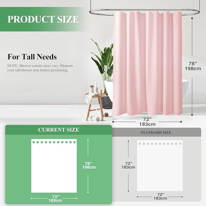 Long Waffle Shower Curtain 256 GSM Heavy Fabric 72x78 Pink | 78 Inch Long, Thick Cloth, Weighted Hem, Water Repellent, Tall Hotel Luxury Polyester Shower Curtains for Bathroom 12 Hooks