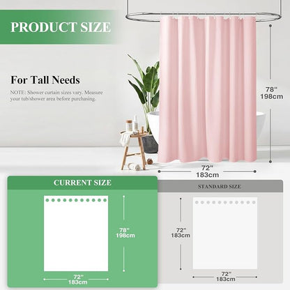 Long Waffle Shower Curtain 256 GSM Heavy Fabric 72x78 Pink | 78 Inch Long, Thick Cloth, Weighted Hem, Water Repellent, Tall Hotel Luxury Polyester Shower Curtains for Bathroom 12 Hooks