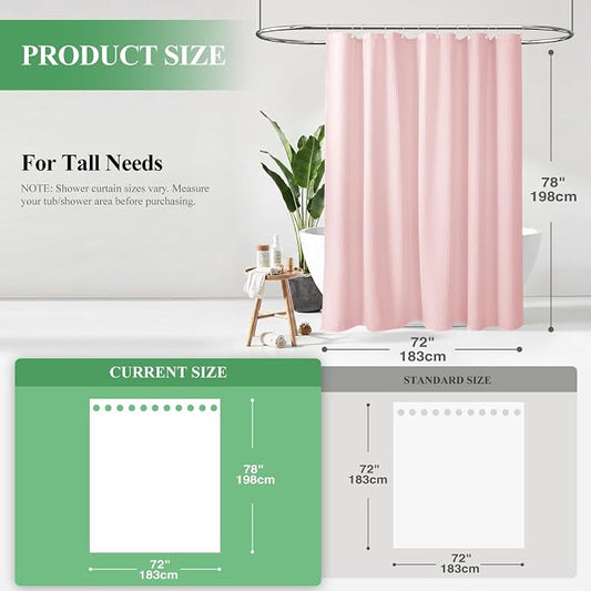 Long Waffle Shower Curtain 256 GSM Heavy Fabric 72x78 Pink | 78 Inch Long, Thick Cloth, Weighted Hem, Water Repellent, Tall Hotel Luxury Polyester Shower Curtains for Bathroom 12 Hooks