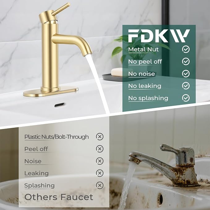 Bathroom Faucet, Single Handle Vanity Sink Faucet, Brushed Gold | Brushed Gold, for 1/3-Hole, Stainless Steel, Ceramic Cartridge, Pop-Up Drain, Deck Plate, For Vanity Powder Laundry