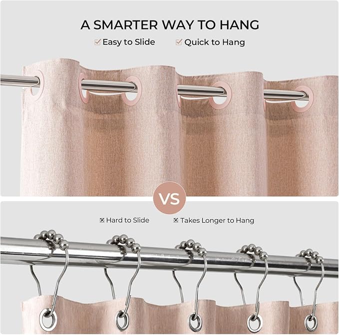 River Dream Linen Textured No Hooks Shower Curtain with Liner,Pink,71x74 | with Snap-in Liner,Heavy Duty Fabric,Quick Dry,Bottom Magnets,Water-Repellent,Washable,Farmhouse Bathroom Set