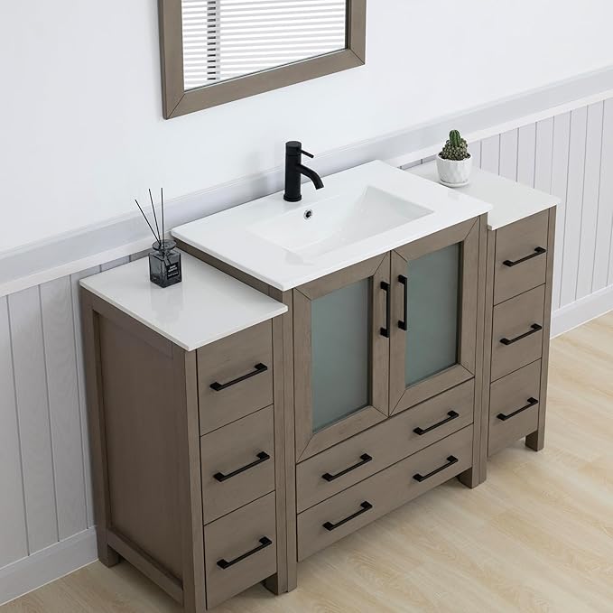 Vanity Art 54 Inch Under Mount Single Sink Bathroom Vanity Cabinet with 1 Mirror, Ceramic Top Bathroom Cabinet Compact Set with 8 Dovetail Storage Drawers and Matte Black Handles, VA3030-54-DG