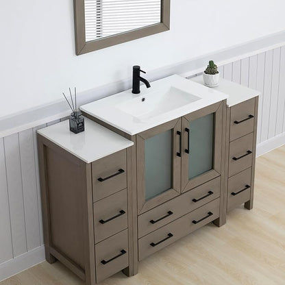 Vanity Art 54 Inch Under Mount Single Sink Bathroom Vanity Cabinet with 1 Mirror, Ceramic Top Bathroom Cabinet Compact Set with 8 Dovetail Storage Drawers and Matte Black Handles, VA3030-54-DG