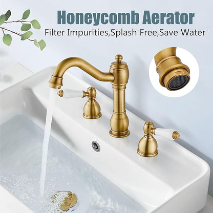 Aolemi 8 Inch Widespread Bathroom Sink Faucet 3 Hole Deck Mount Vanity Basin Mixer Tap with Pop Up Drain Assembly Antique Brass Double Ceramic Handle