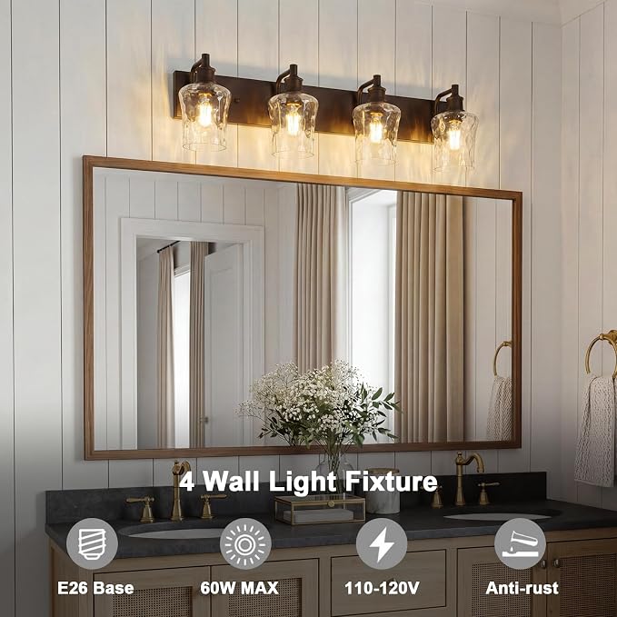 Bathroom Light Fixtures Farmhouse Oil Rubbed Bronze Vanity Lights for Bathroom Lighting Fixtures Over Mirror with Hammered Glass Lampshade for Cabinet Mirror Bedroom Hallway 4 Light